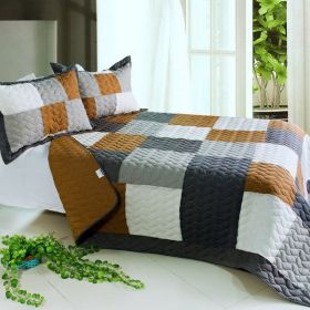 [Harvest] 3PC Vermicelli-Quilted Patchwork Quilt Set (Full/Queen Size)