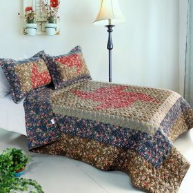 [Auspicious Windmill] Cotton 3PC Foral Vermicelli-Quilted Patchwork Quilt Set (Full/Queen Size)