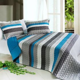 [Health Life] 3PC Vermicelli-Quilted Striped Quilt Set (Full/Queen Size)