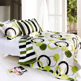 [Artistic Green] Cotton 3PC Vermicelli-Quilted Circle Printed Quilt Set (Full/Queen Size)