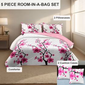5-Piece Pink Cherry Blossom Bedding Set (Queen/King/Cal King) - Microfiber Quilt + Pillow Shams (Color: pink mei flower, size: QUEEN)