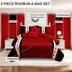 9 Piece Soft All-Season Washed Microfiber Cover Set , Queen/King/Calking Bedding Set With Pillowcases,Bedspread Print Curtains & Solid Curtains,P (Color: red and white Boho, size: KING)