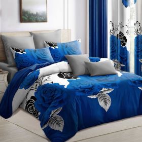 9-Piece Blue Rose Bedding & Curtain Set (Queen/King/Cal King) - Quilted Microfiber Bedspread + Sheer Curtains (Color: Blue Rose, size: TWIN)