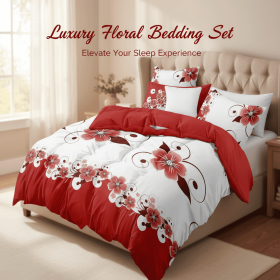 Red White Floral Duvet Cover Set 5-Piece, Queen Size - Includes Duvet Cover with Ties (Color: Red White Floral, size: KING)