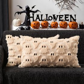 Halloween Pillow Covers 12x20 inch Set of 2 Beige Ghost Throw Pillow Cases Soft Plush Faux Fur Wool Couch Cushion Case for Chair Sofa Bedroom Liv (Color: Beige  20" x 12" (Pack of 2))