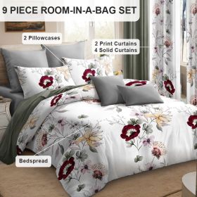9-Piece Sage Green Watercolor Floral Bedding & Curtain Set (Queen/King/Cal King) - Quilted Microfiber Bedspread + Sheer Curtains (Color: Green/White Flowers, size: QUEEN)