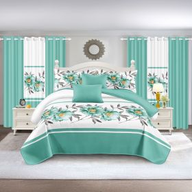 Quilted Bedspread & Curtain Set 9 Piece, Queen Size - Bedding Ensemble with Sheer Filtering Drapes, 1.6" Grommet Top, Machine Washable (Color: green rose, size: TWIN)