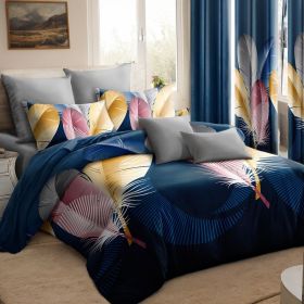 9-Piece Feather Print Bedding & Curtain Set (Queen/King/Cal King) - Quilted Microfiber Bedspread + Sheer Curtains (Color: Blue Feather, size: CAL KING)