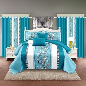 9-Piece Turquoise Paisley Bedding & Curtain Set (Queen/King/Cal King) - Quilted Microfiber Bedspread + Sheer Curtains (Color: blue/white stamen, size: QUEEN)