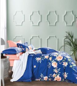 Elizabeth Blue/Orange Floral  100% cotton Reversible Comforter Set (size: QUEEN)