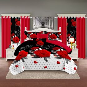 9-Piece Red Rose & Heart Bedding & Curtain Set (Queen/King/Cal King) - Quilted Microfiber Bedspread + Sheer Curtains (Color: red peony, size: CAL KING)